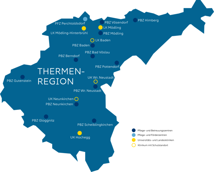 Grafik Gesundheitsregion Thermenregion GmbH mit den Kliniken- und Pflegezentren-Standorte